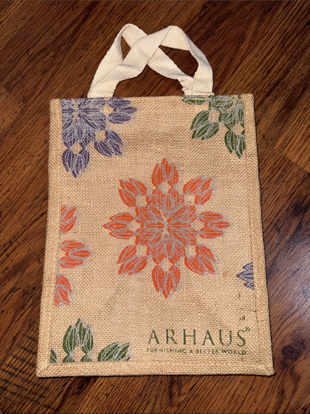 Natural Jute Tote Bag with Orange Floral Design 38.B3